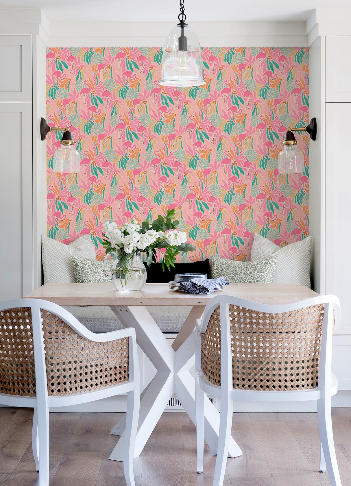 Flamingo Fun Pink and Green by WallPops Vibrant Tropical Flamingo Bird and Leafy Botanical Pattern Removable Peel and Stick Wallpaper - NUS6625