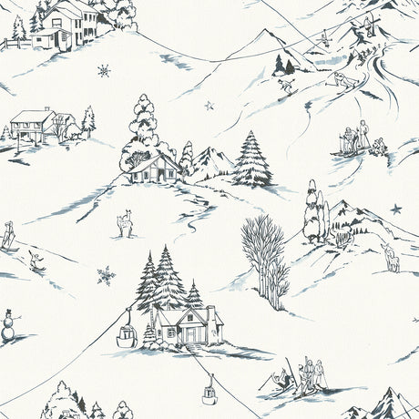 Mountain Side Blue Peel and Stick Wallpaper by WallPops NUS6626 - Winter Mountain Toile Ski Lodge Scene
