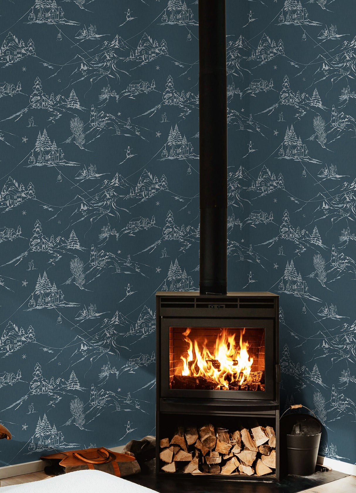 Mountain Side Denim by WallPops Peel and Stick Vinyl Winter Mountain Lodge Toile Ski Scene Fully Removable Wallpaper Roll - NUS6627