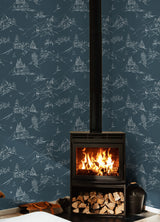 Mountain Side Denim by WallPops Peel and Stick Vinyl Winter Mountain Lodge Toile Ski Scene Fully Removable Wallpaper Roll - NUS6627