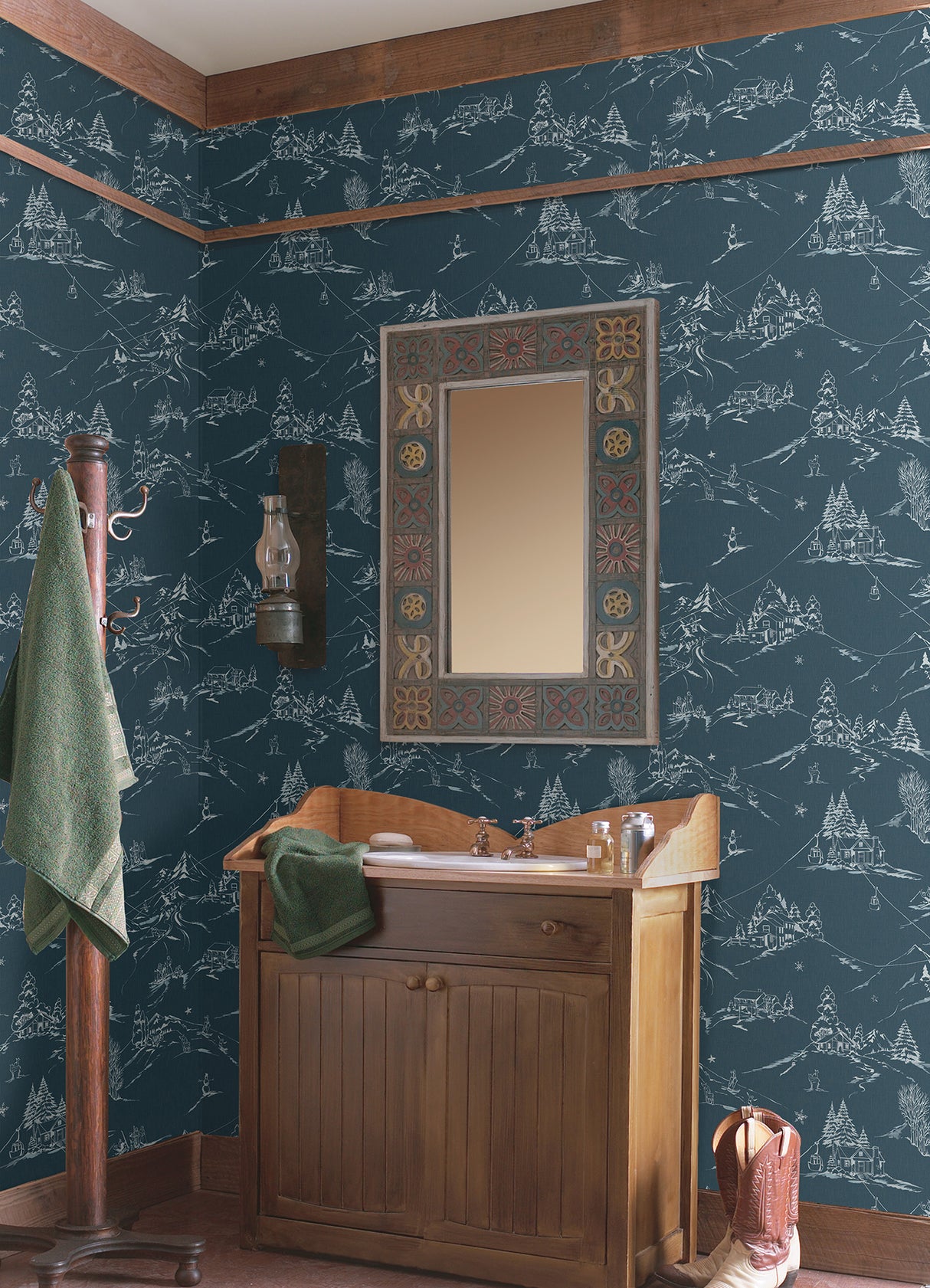 Mountain Side Denim by WallPops Peel and Stick Vinyl Winter Mountain Lodge Toile Ski Scene Fully Removable Wallpaper Roll - NUS6627
