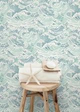 Crashing Waves Turquoise by WallPops Coastal Ocean Peel and Stick Removable Repositionable Vinyl Wallpaper Roll 20.5 in x 18 ft NUS6630