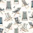 Just Lounging Green Peel and Stick Wallpaper featuring illustrated coastal deck chairs in varied patterns and playful birds on an off-white background by WallPops NUS6632