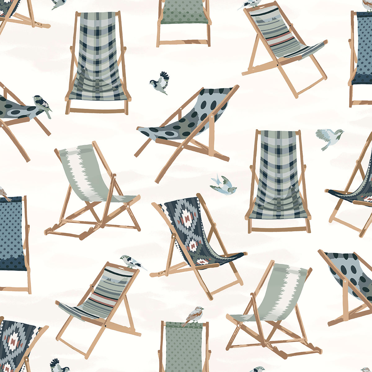 Just Lounging Green Peel and Stick Wallpaper featuring illustrated coastal deck chairs in varied patterns and playful birds on an off-white background by WallPops NUS6632