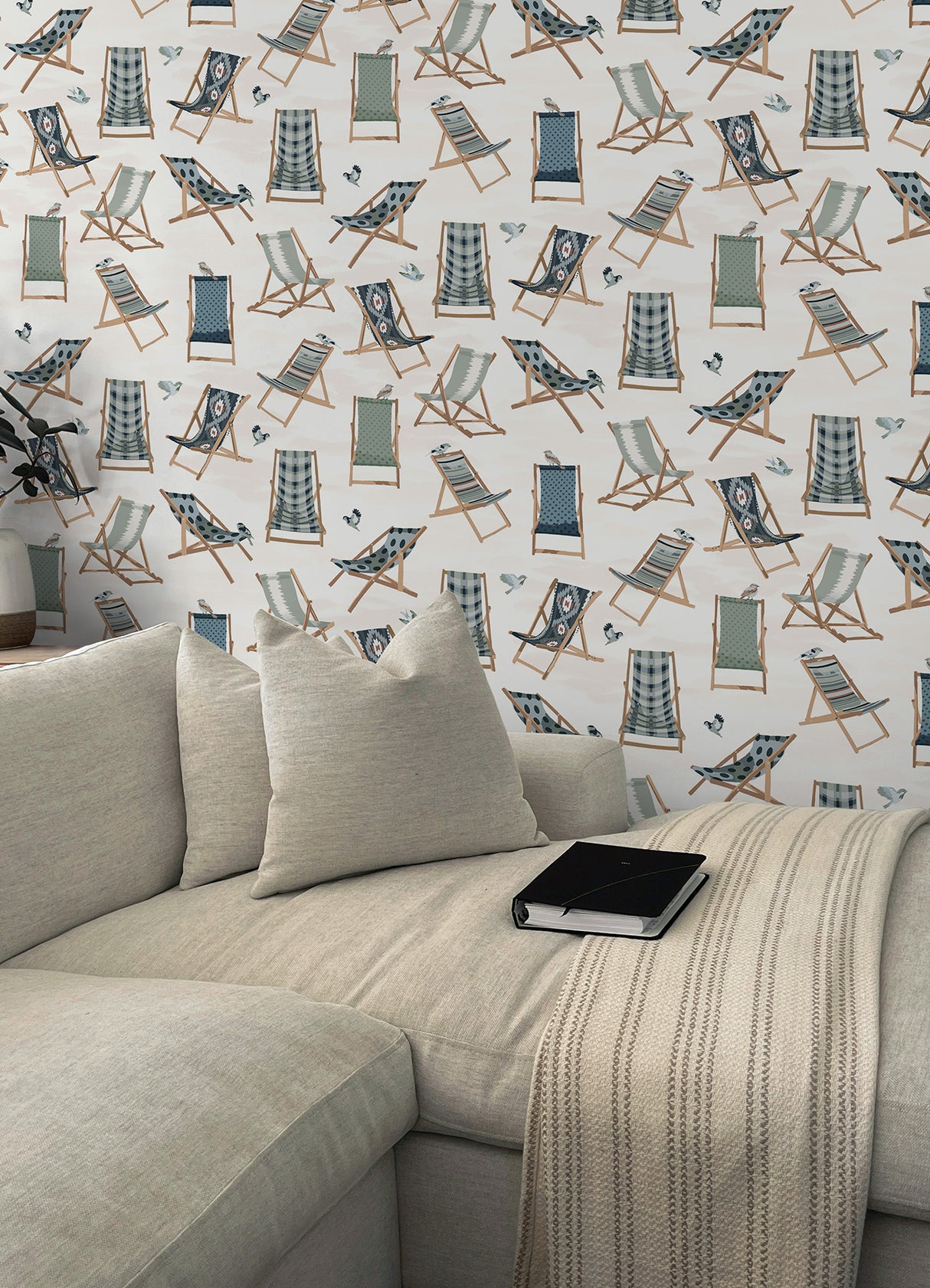 Just Lounging Green by WallPops Fully Removable Coastal Beach Deck Chair Illustrated Peel and Stick Wallpaper Roll 20.5 in x 18 ft - NUS6632