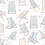 Just Lounging Sand Peel and Stick Wallpaper by WallPops NUS6633 - Coastal beach deck chair pattern in soft sand and blue tones on a white background