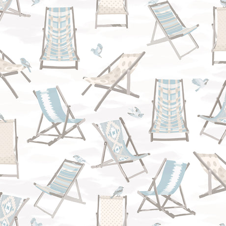 Just Lounging Sand Peel and Stick Wallpaper by WallPops NUS6633 - Coastal beach deck chair pattern in soft sand and blue tones on a white background