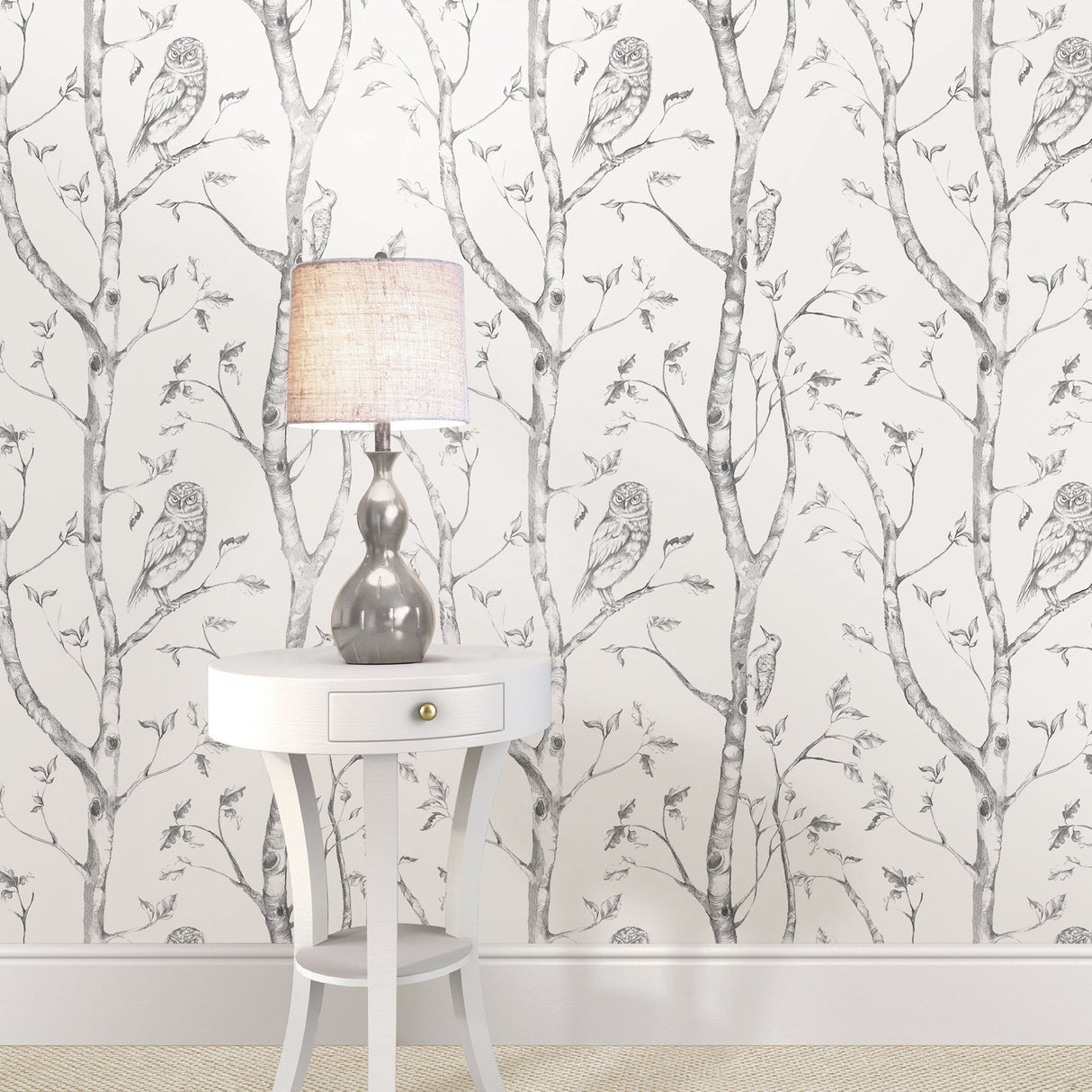 Grey Woods Peel & Stick Wallpaper with Nature Birch Trees and Owls - Brewster NUW1412