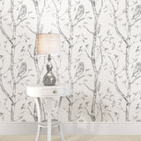 Grey Woods Peel & Stick Wallpaper with Nature Birch Trees and Owls - Brewster NUW1412