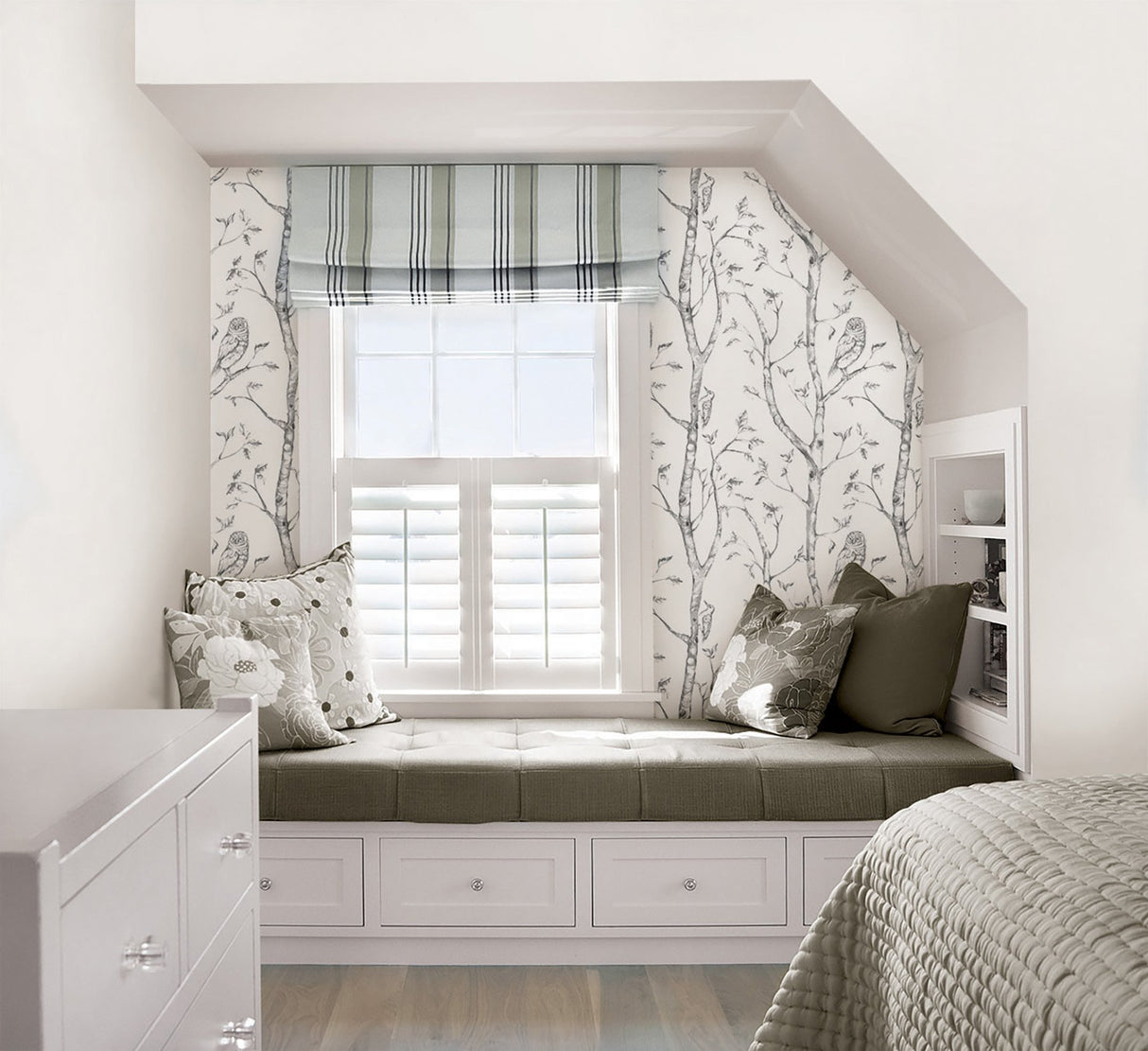 Grey Woods Peel & Stick Wallpaper with Nature Birch Trees and Owls - Brewster NUW1412