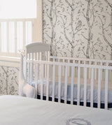Grey Woods Peel & Stick Wallpaper with Nature Birch Trees and Owls - Brewster NUW1412