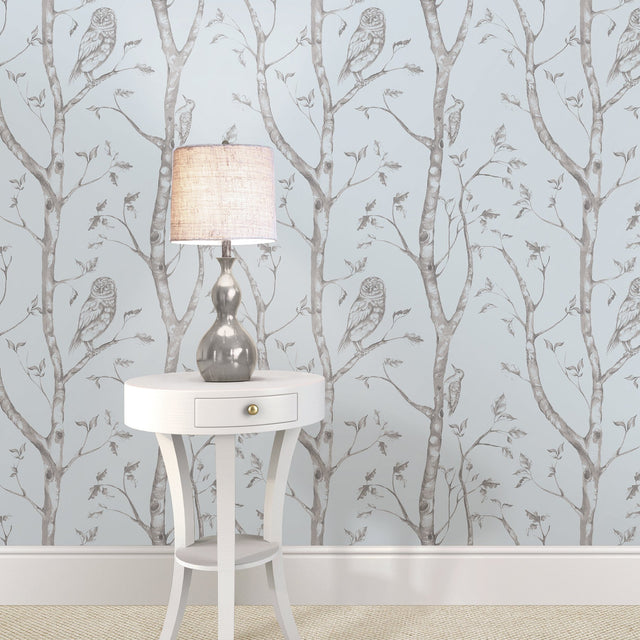 Woods Blue Peel & Stick Wallpaper with Whimsical Owl Forest Motif - NuWallpaper NU1413
