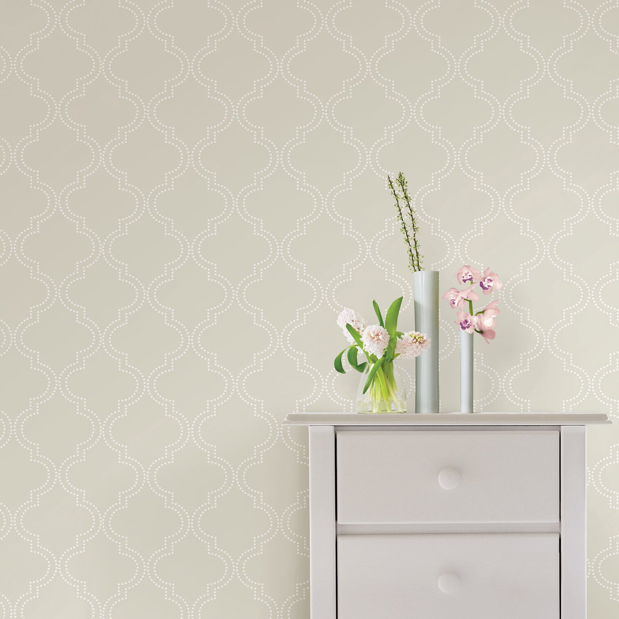 Taupe Quatrefoil Peel & Stick Wallpaper with Dotted Geometric Motif - Brewster NUW1425