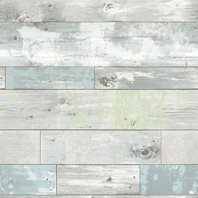 Beachwood Aqua Peel & Stick Wallpaper with Reclaimed Wood Plank Pattern - NuWallpaper NU3126