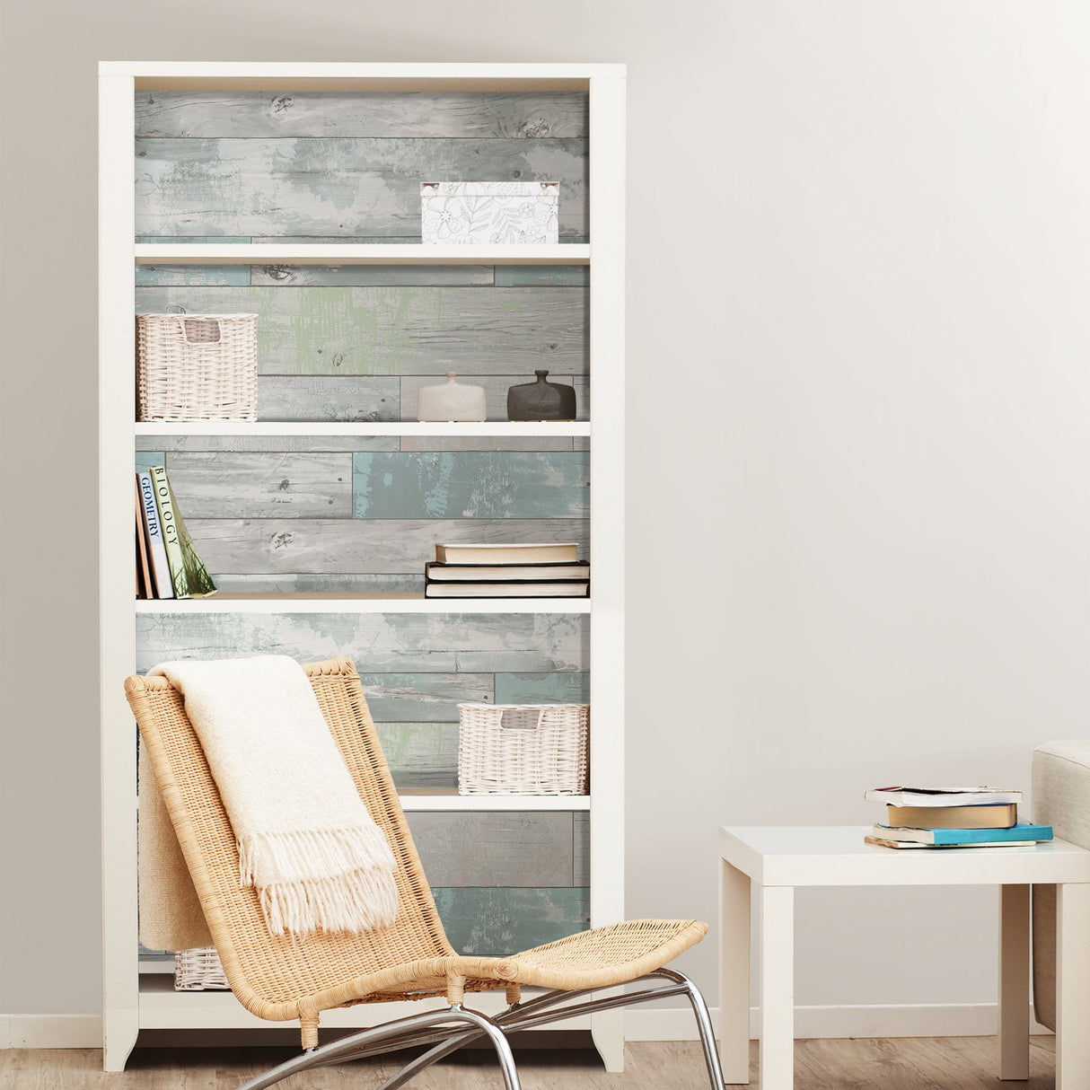Beachwood Aqua Peel & Stick Wallpaper with Reclaimed Wood Plank Pattern - NuWallpaper NU3126