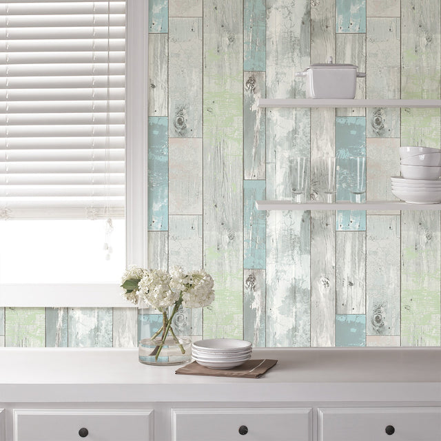 Beachwood Aqua Peel & Stick Wallpaper with Reclaimed Wood Plank Pattern - NuWallpaper NU3126