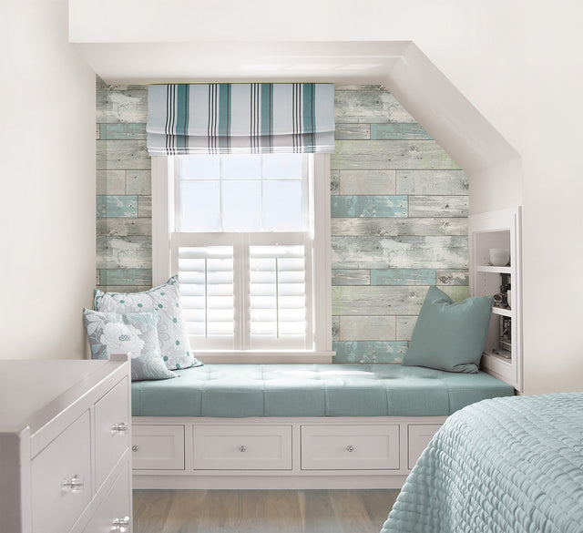 Beachwood Aqua Peel & Stick Wallpaper with Reclaimed Wood Plank Pattern - NuWallpaper NU3126
