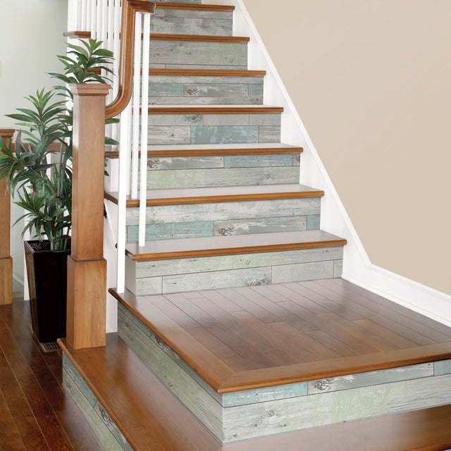 Beachwood Aqua Peel & Stick Wallpaper with Reclaimed Wood Plank Pattern - NuWallpaper NU3126
