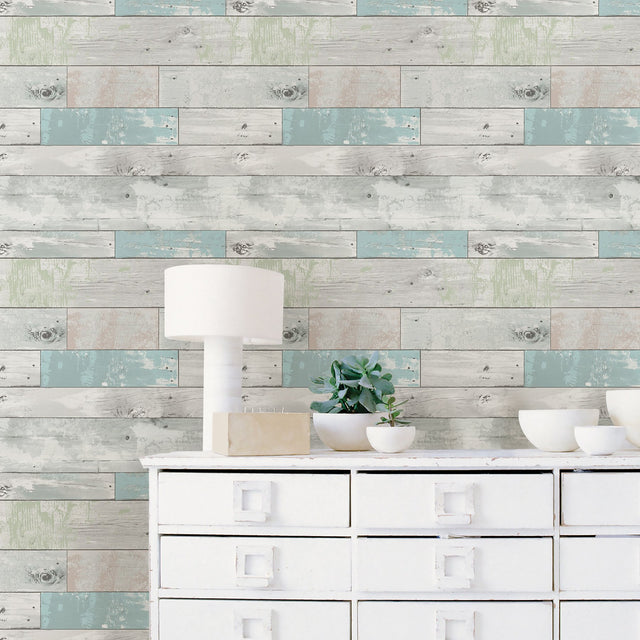 Beachwood Aqua Peel & Stick Wallpaper with Reclaimed Wood Plank Pattern - NuWallpaper NU3126