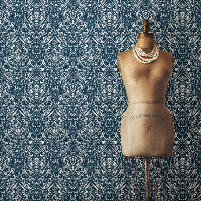 Bohemian Damask Indigo Peel & Stick Wallpaper with Traditional Graphic Damask Pattern - NuWallpaper NU1689