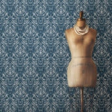 Bohemian Indigo Damask Peel & Stick Wallpaper with Distressed Damask Pattern - NuWallpaper NUW1689