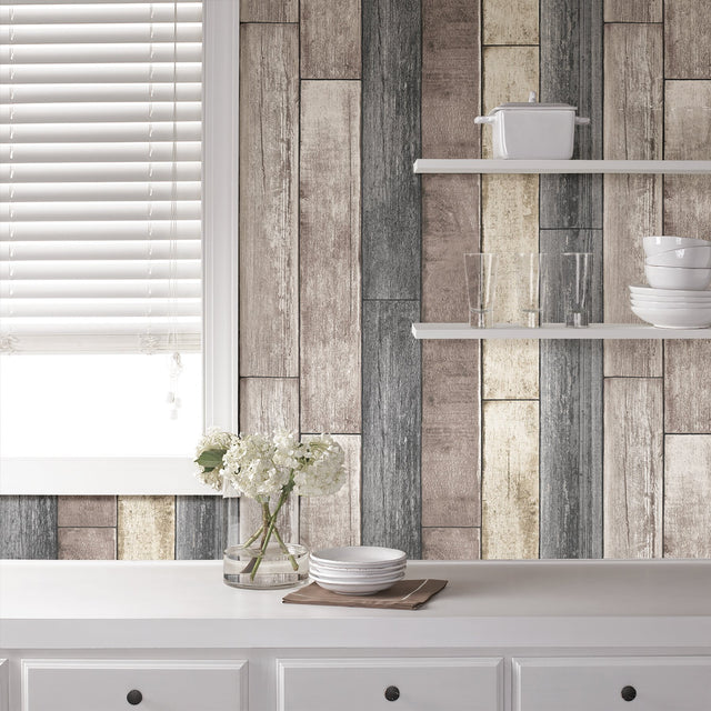 Reclaimed Wood Plank Natural Peel & Stick Wallpaper with Textured Faux Effects - NuWallpaper NU3130