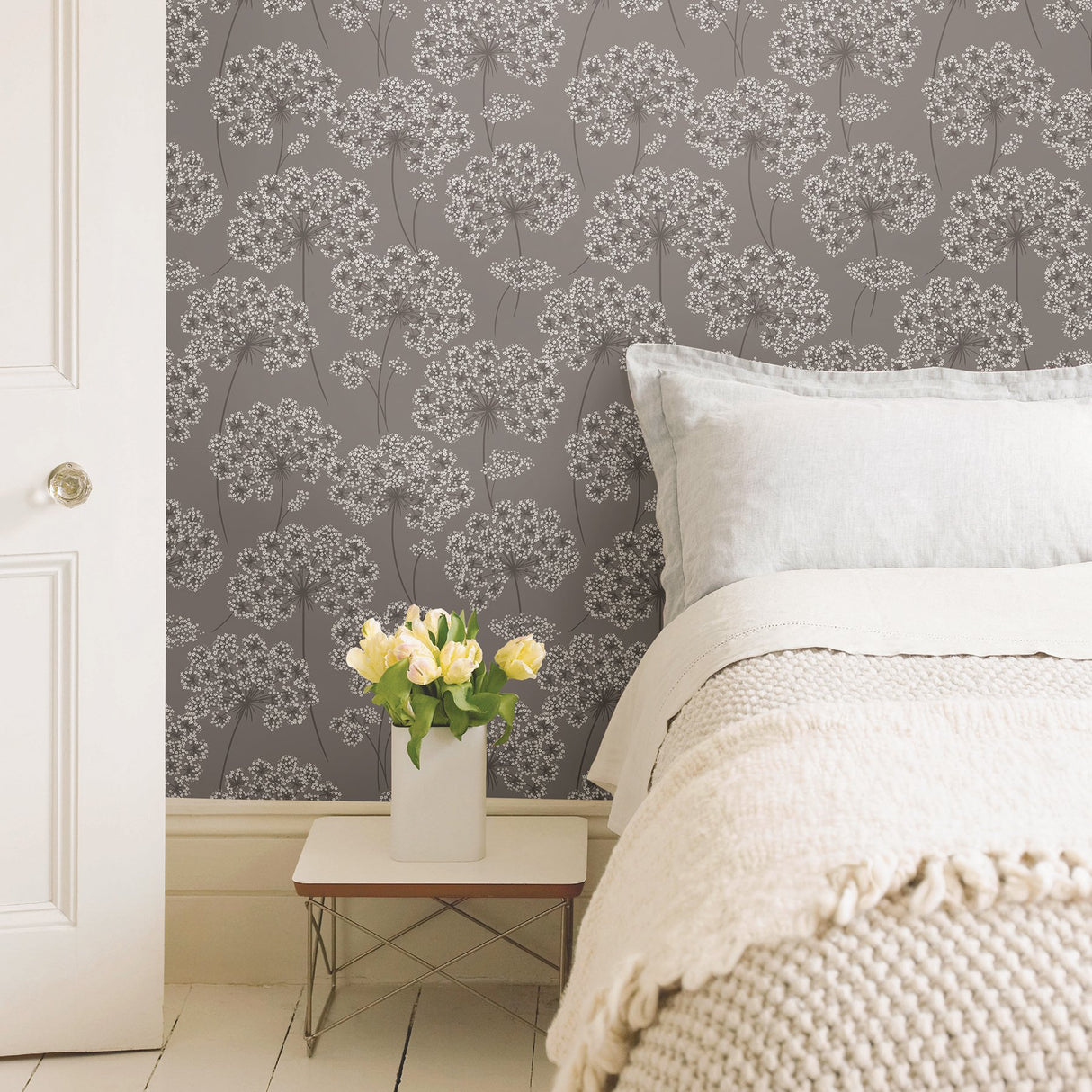 Angelica Grey Peel & Stick Wallpaper with Floral Queen Annes Lace Motif - NuWallpaper NUW1693
