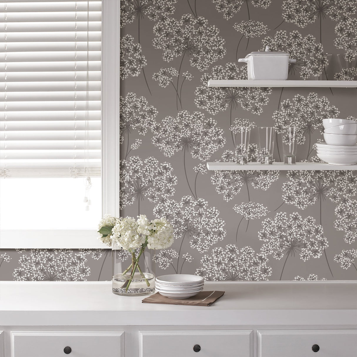 Angelica Grey Peel & Stick Wallpaper with Floral Queen Annes Lace Motif - NuWallpaper NUW1693