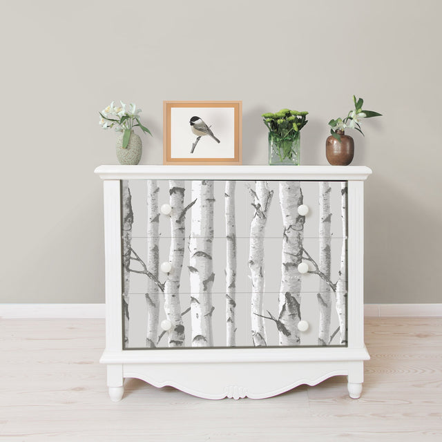 Mountain Birch Grey Peel & Stick Wallpaper with Lodge Faux Effects Birch Tree Motif - NuWallpaper NU1694