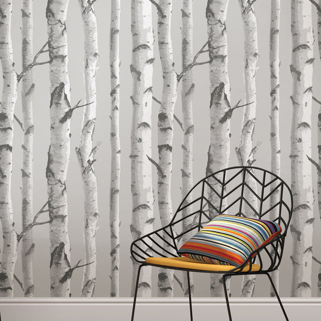 Mountain Birch Grey Peel & Stick Wallpaper with Lodge Faux Effects Birch Tree Motif - NuWallpaper NU1694