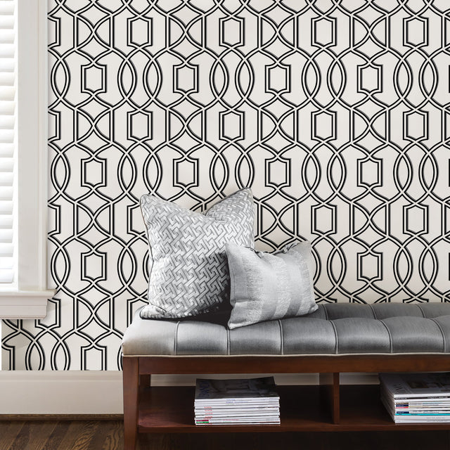 Uptown Trellis Black Peel & Stick Wallpaper with Modern Graphic Trellis Pattern - NUW1696
