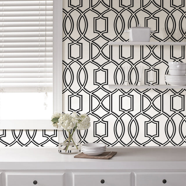 Uptown Trellis Black Peel & Stick Wallpaper with Modern Graphic Trellis Pattern - NUW1696