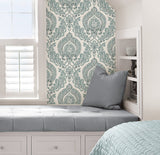 Kensington Damask Blue Peel & Stick Wallpaper with Traditional Graphic Pattern - NuWallpaper NUW1702