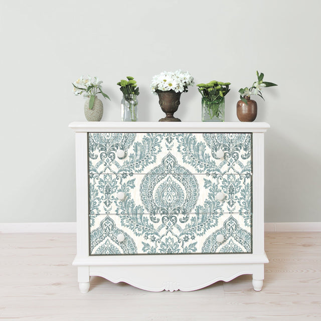 Kensington Damask Blue Peel & Stick Wallpaper with Boho Damask Pattern - NuWallpaper NU1702