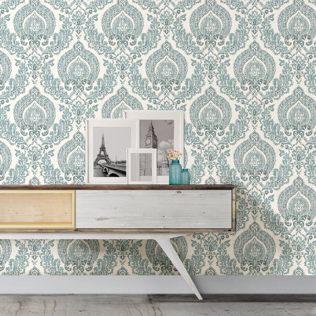 Kensington Damask Blue Peel & Stick Wallpaper with Boho Damask Pattern - NuWallpaper NU1702
