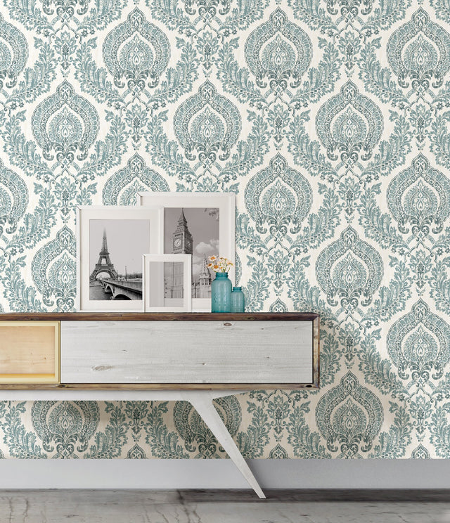 Kensington Damask Blue Peel & Stick Wallpaper with Boho Damask Pattern - NuWallpaper NU1702