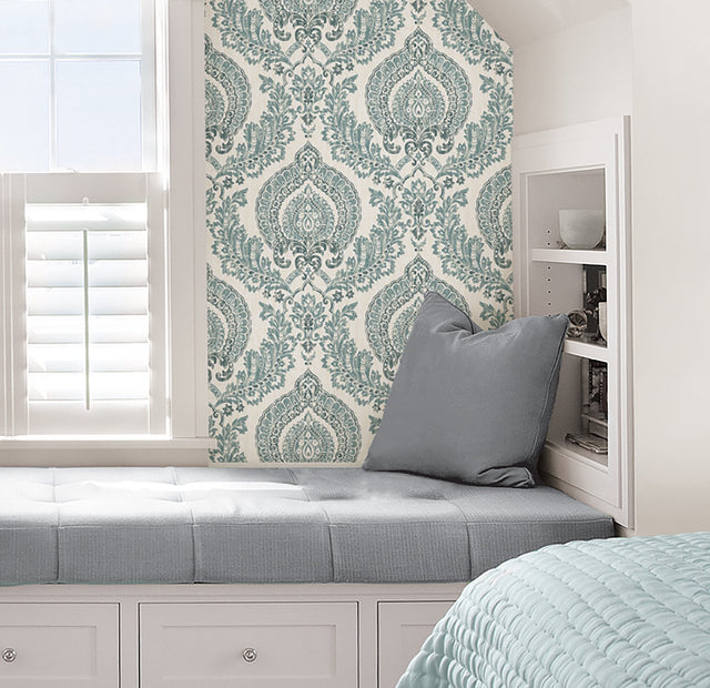 Kensington Damask Blue Peel & Stick Wallpaper with Boho Damask Pattern - NuWallpaper NU1702