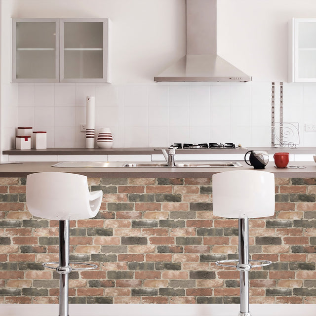 Newport Reclaimed Brick Red Faded Peel & Stick Wallpaper with Faux Brick Pattern, Modern Style - NUW2064
