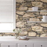 Hadrian Stone Wall Brown Texture Peel & Stick Wallpaper with Modern Faux Effects - Brewster NUW2065