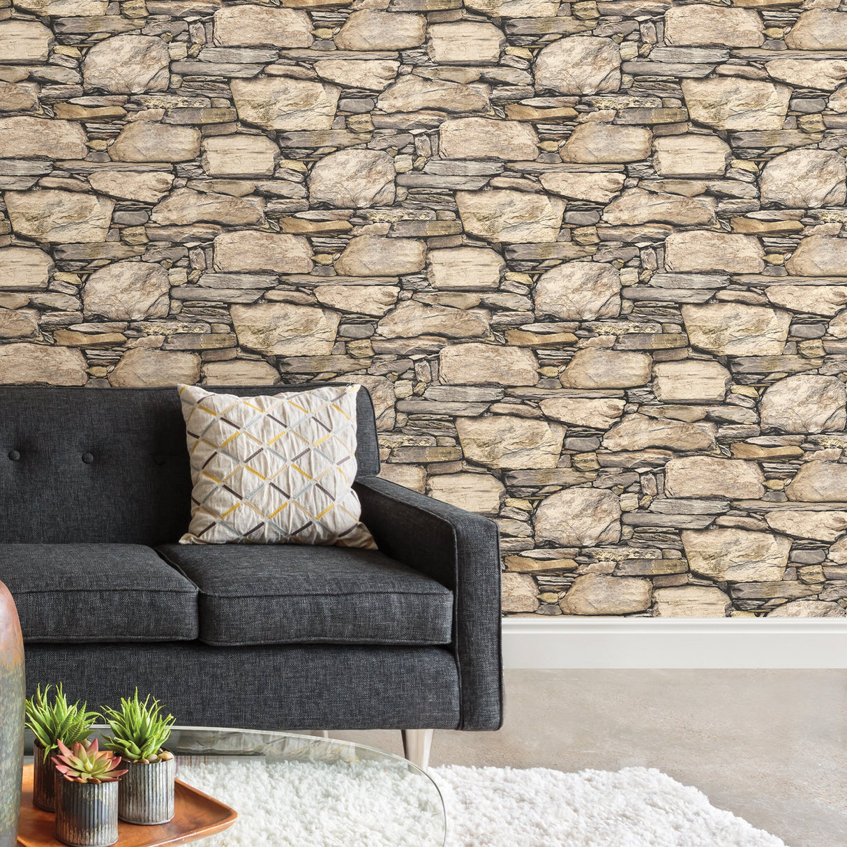 Hadrian Stone Wall Brown Texture Peel & Stick Wallpaper with Modern Faux Effects - Brewster NUW2065