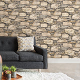 Hadrian Stone Wall Brown Texture Peel & Stick Wallpaper with Modern Faux Effects - Brewster NUW2065