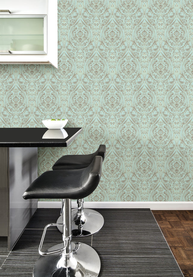 Nomad Damask Turquoise Peel & Stick Wallpaper, Bohemian Damask Pattern - NuWallpaper NUW2079