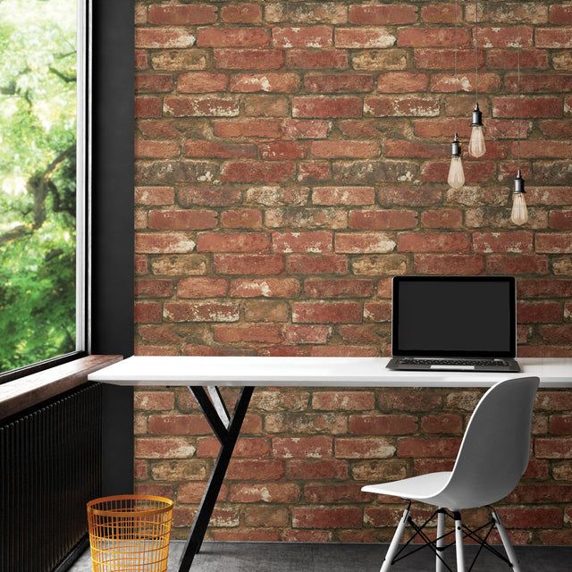 West End Brick Red Peel & Stick Wallpaper with Distressed Brick Pattern - NuWallpaper NU2088