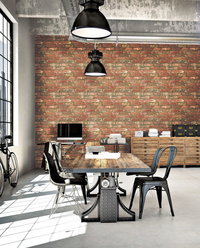 West End Red Brick Peel & Stick Wallpaper with Faux Brick Pattern, Modern Style - NuWallpaper NUW2088