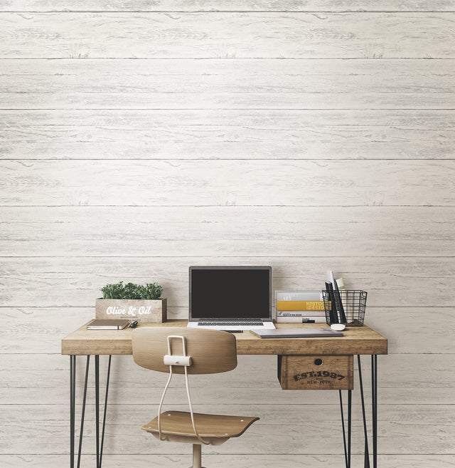 Shiplap Off White Wood Peel & Stick Wallpaper with Traditional Faux Effects - NuWallpaper NUW2187