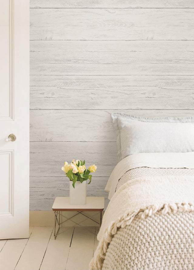 Shiplap Off White Wood Peel & Stick Wallpaper with Traditional Faux Effects - NuWallpaper NUW2187