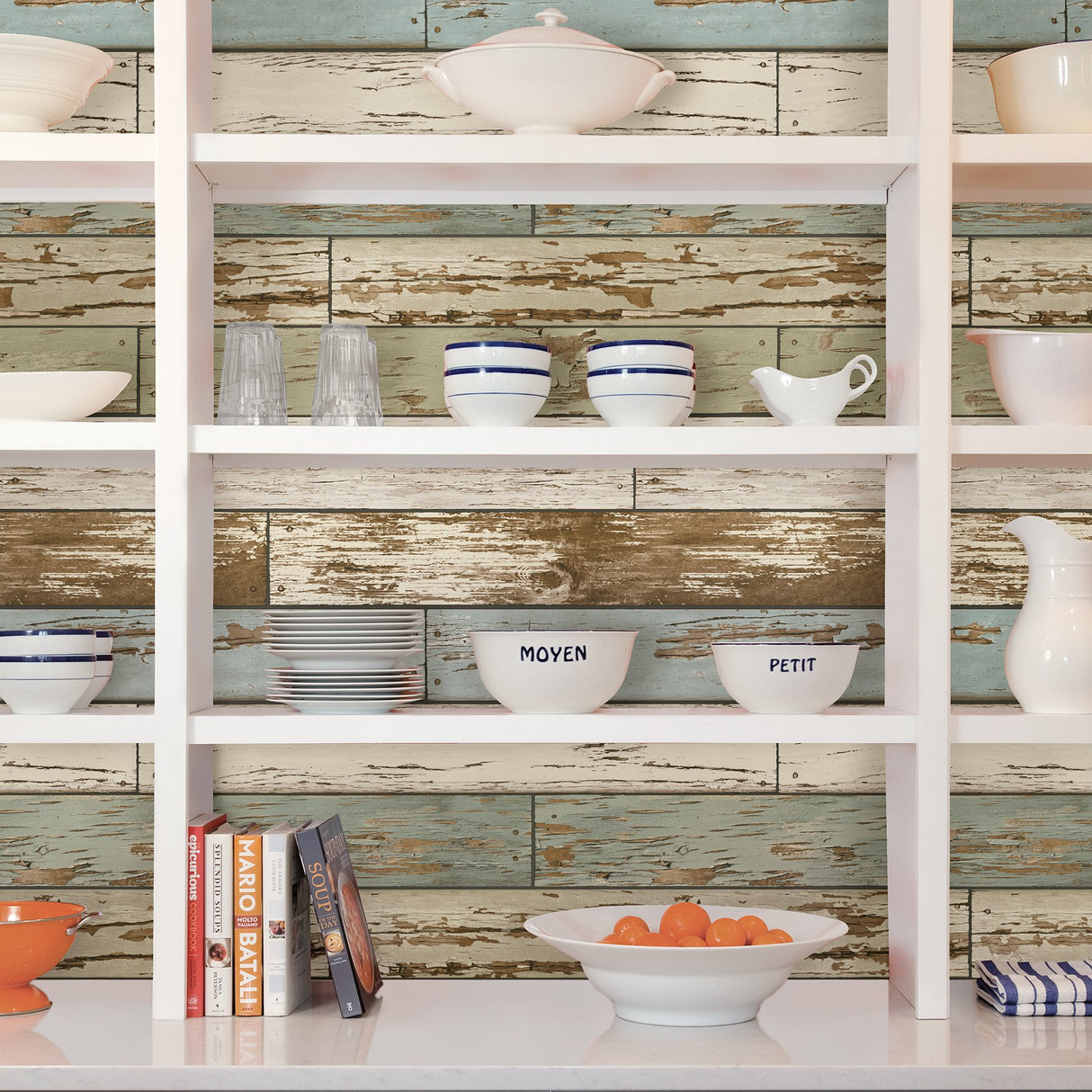 Old Salem Vintage Wood Green Planks Peel & Stick Wallpaper with Faux Effects Country Style - NUW2188