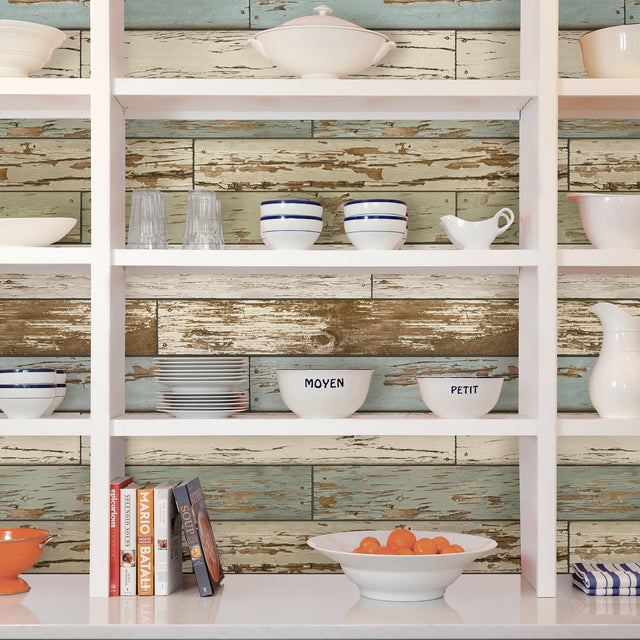 Old Salem Vintage Wood Green Planks Peel & Stick Wallpaper with Faux Effects Country Style - NUW2188