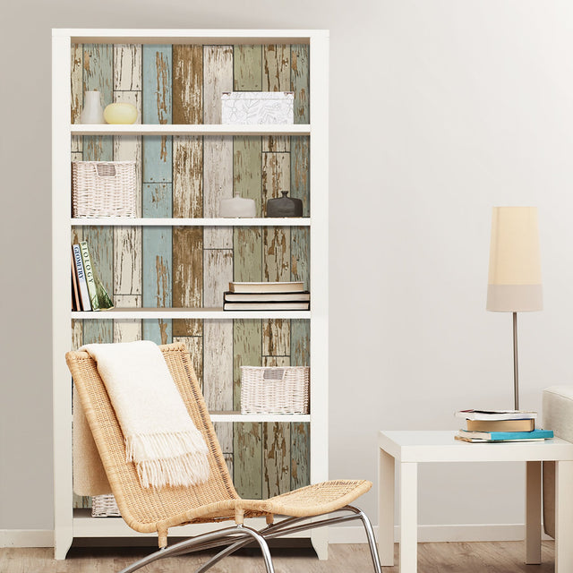 Old Salem Vintage Wood Green Planks Peel & Stick Wallpaper with Faux Effects Country Style - NUW2188