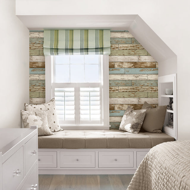 Old Salem Vintage Wood Green Planks Peel & Stick Wallpaper with Faux Effects Country Style - NUW2188
